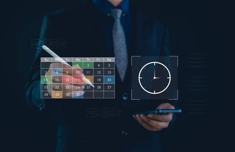 Business professional using stylus to manage digital calendar and clock on virtual interface, planning schedule, boosting time management, productivity and deadline control in modern workspace.