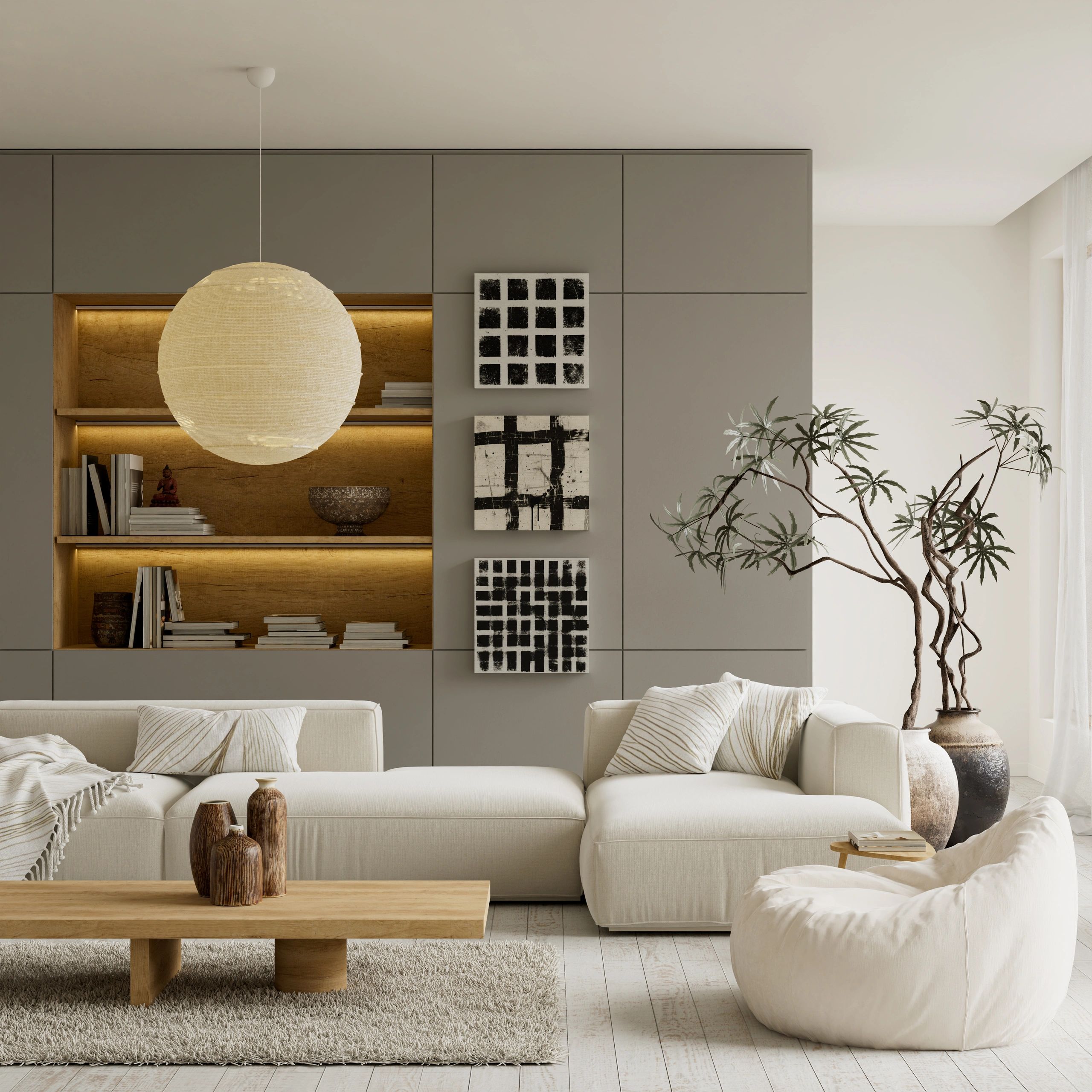 Modern living room with beige furniture and wooden accents.