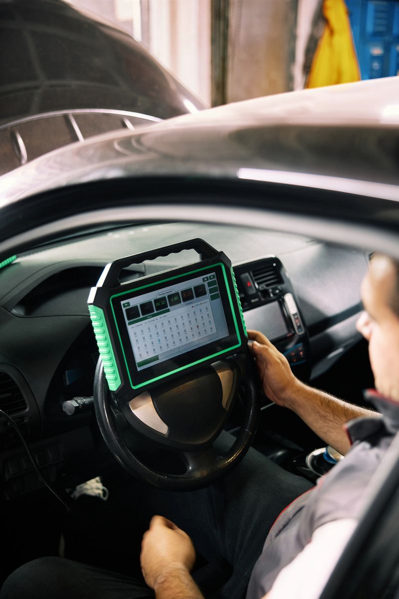 A mechanic sits in the driver's seat of a car, holding a rugged handheld diagnostic tablet mounted on the steering wheel. The screen displays charts and data as he monitors vehicle systems during a diagnostic session in a workshop. The device's bright green accents emphasize its rugged, professional design.