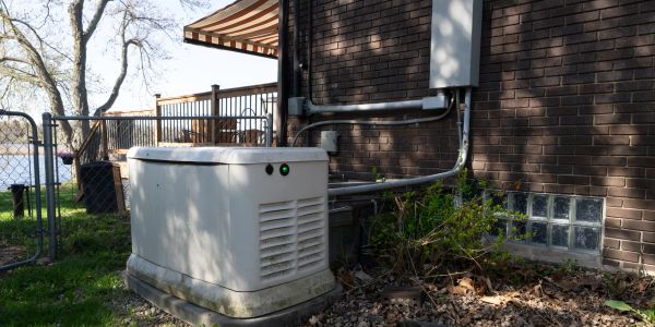 Residential generator next to a brick house.