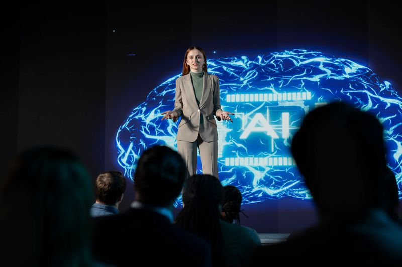 Female business speaker leads futuristic AI-driven presentation with AI graphics, neural networks and deep learning concepts. Business discussion with audience in a high tech auditorium.