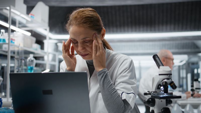 Tense nanotechnology researcher feeling head pressure in laboratory, using laptop software, driving treatment discovery. Lab technician with migraine uses bioinformatics application in lab, camera A