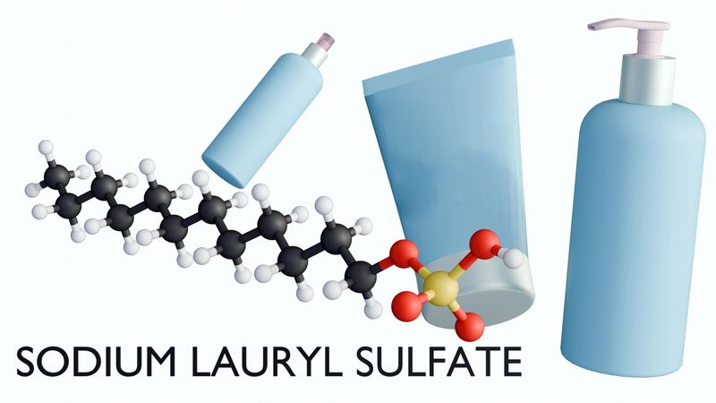 3D render that links the molecular structure of Sodium Lauryl Sulfate (SLS) with its common everyday applications in the beauty and personal care industry.