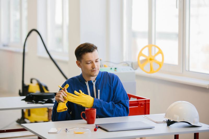 Young man wearing blue overall putting on yellow protective gloves, sitting at desk in laboratory or workshop