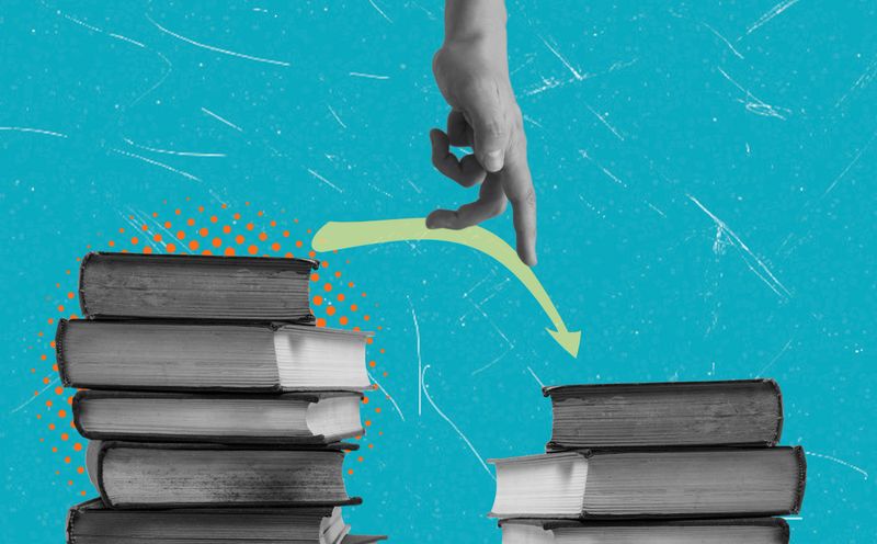 A hand is seen jumping across a gap between two piles of books. The background is bright and colorful, emphasizing the movement of the hand. This art piece highlights creativity and exploration.