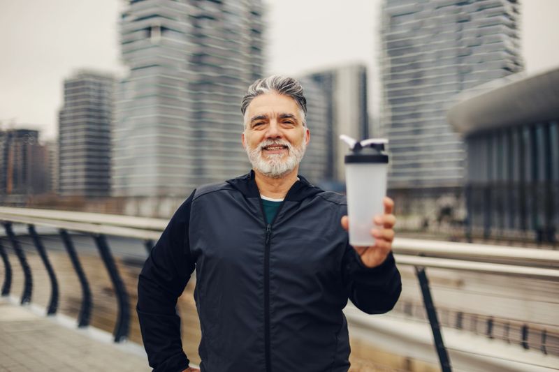 Smiling mature man with grey hair and beard holding a protein shaker bottle, standing outdoors in an urban setting with blurred buildings in the background, promoting active and healthy lifestyle
