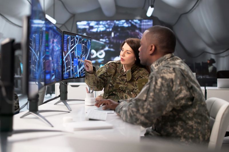 Soldiers In Military Control Center Monitor Maps On Multiple Screens. Professions: Soldier, Military Officer