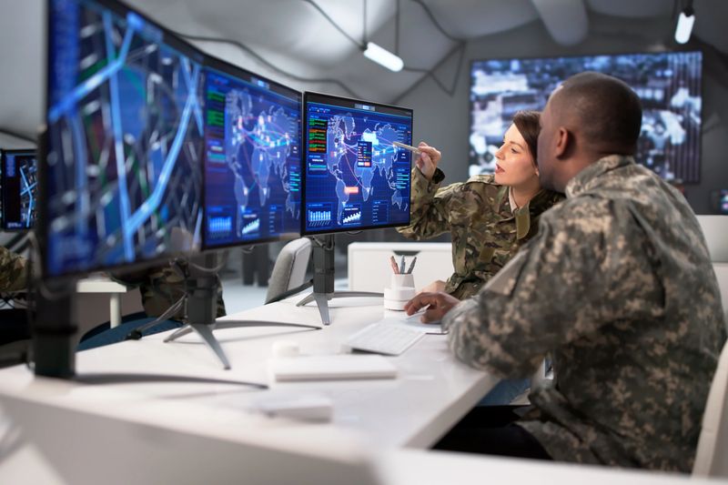 Army Officer Leads Diverse Team Monitoring Virtual Maps In Control Center