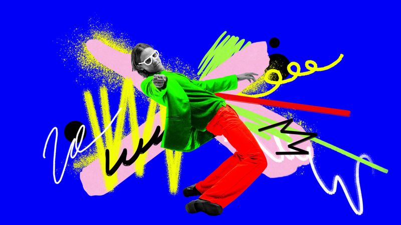 Dynamic collage of leaning young man in neon outfit with excited mood. Concept of motion-driven ads, festival posters, music event graphics, influencer promo visuals, energetic digital campaigns.