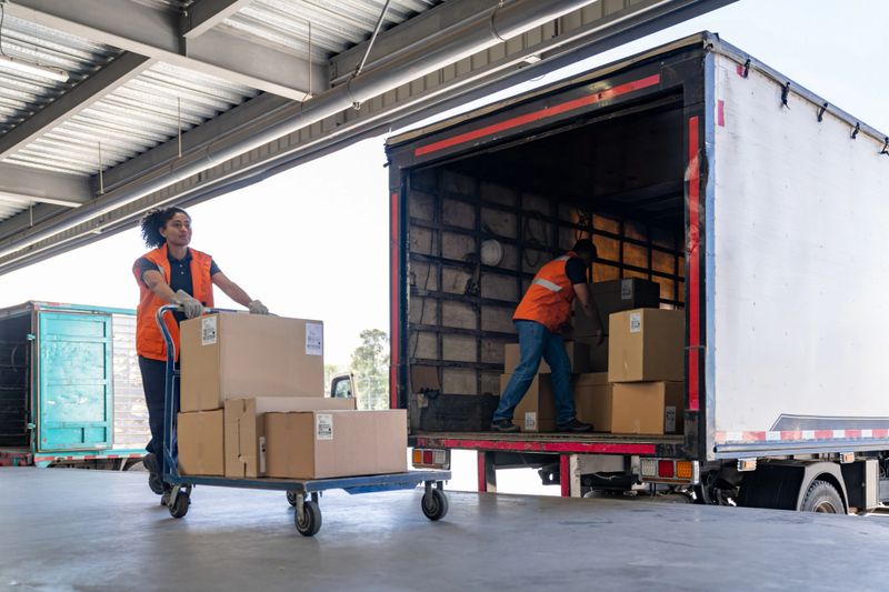 Team of Latin American warehouse workers loading boxes for delivery on a truck and using a pallet jack - freight transportation concepts