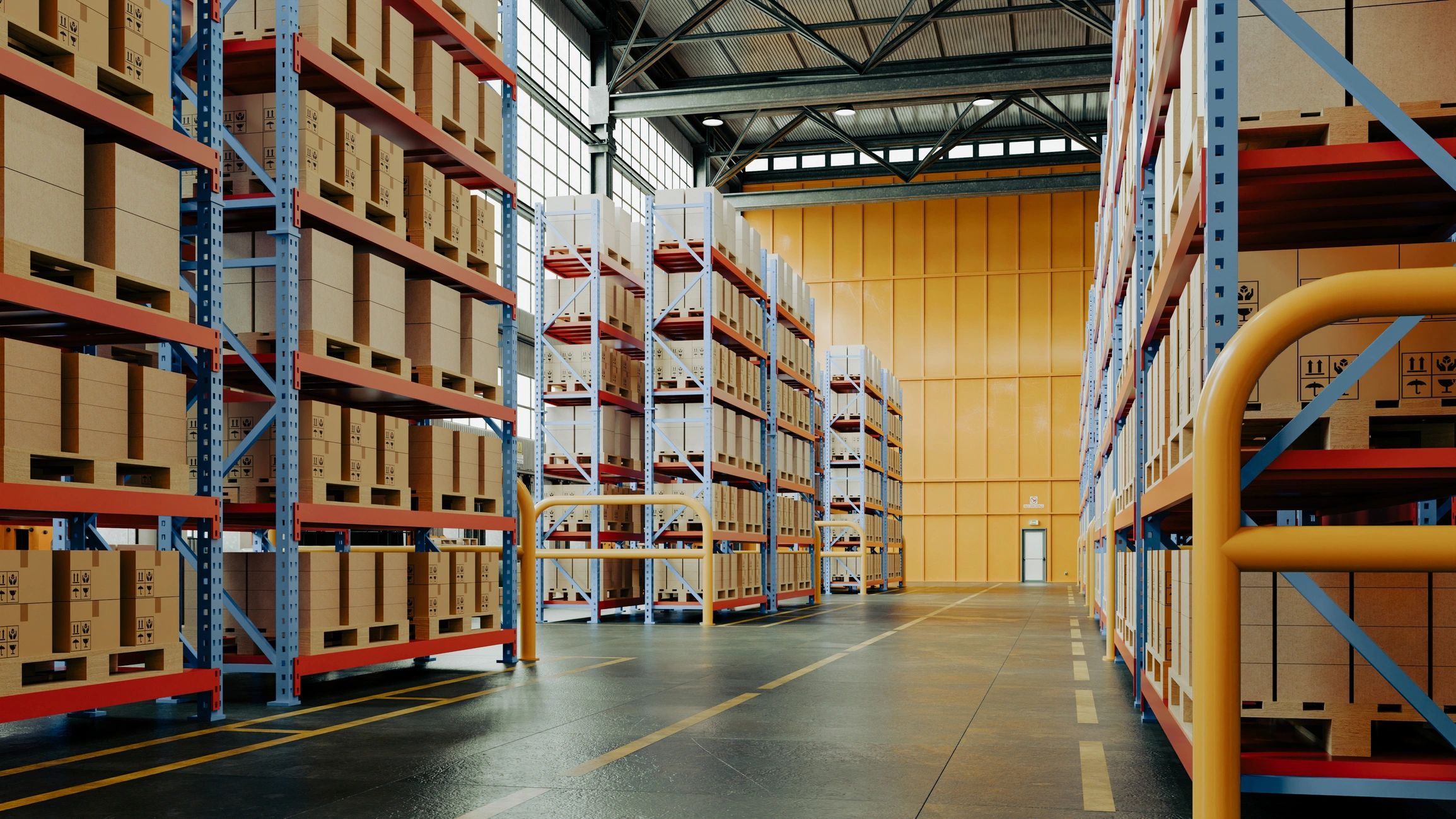 Spacious warehouse with neatly organized shelves full of wholesale products.