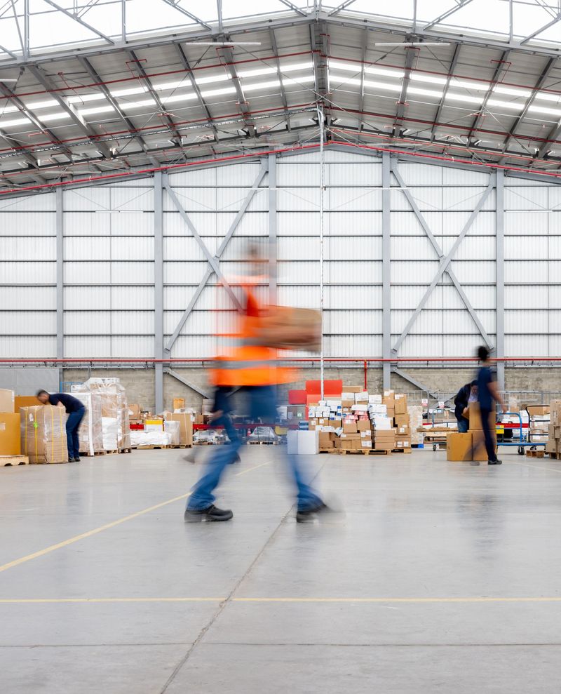 Long exposure shot of an employee carrying a package at a distribution warehouse - express delivery concepts