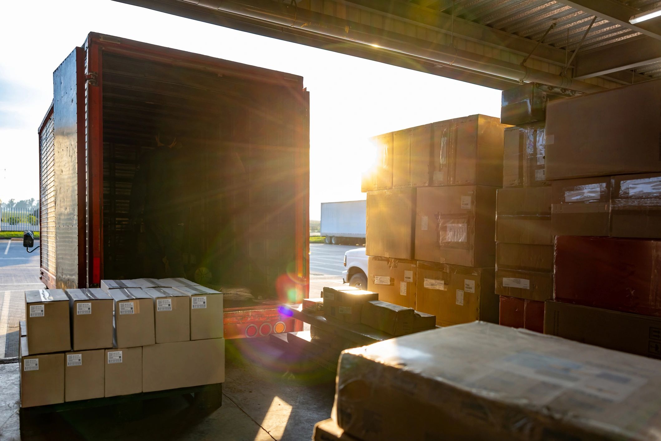 Loading and unloading boxes in a warehouse during sunset.