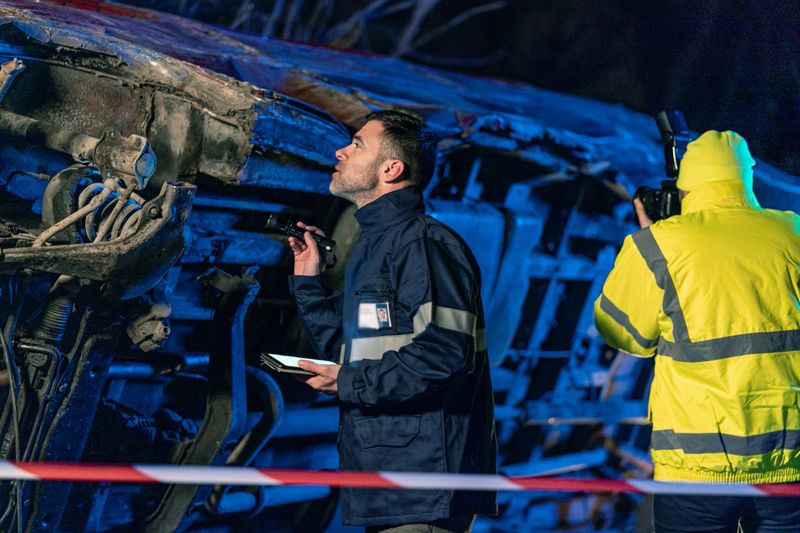 Forensic investigator examining a major car crash site with a flashlight while a tv reporter films the scene, creating a sense of urgency and newsworthiness at an accident scene