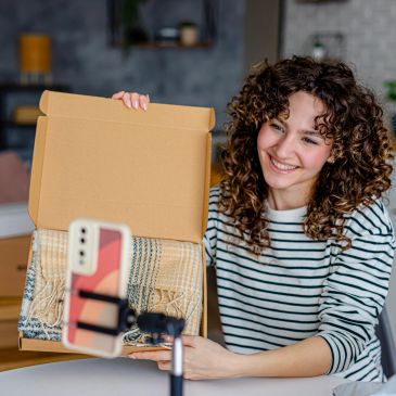Woman shows a package while filming with a smartphone.