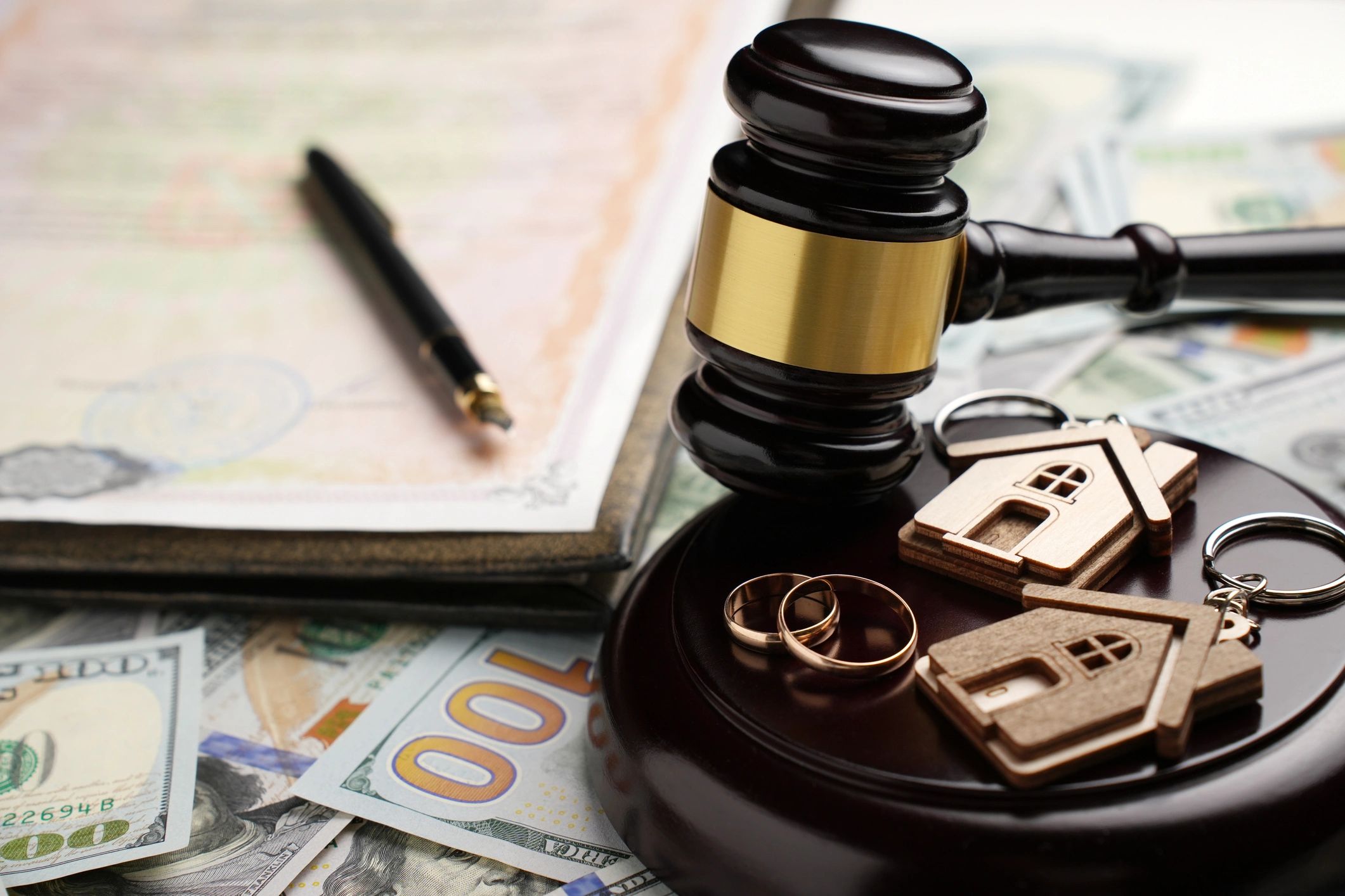 Judge's gavel with house keys, rings, pen, and money symbolizing legal and real estate matters.