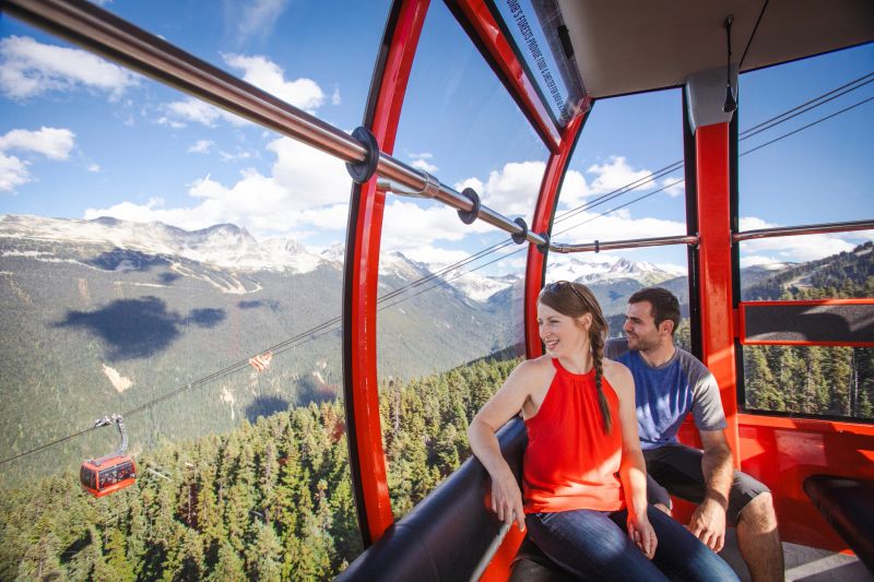 Friends ride on gondola to go hiking in summertime, Whistler, B.C.