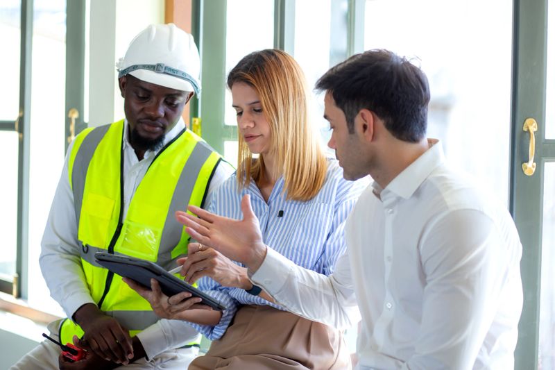 Group engineer team meeting discussing and planning for design with interior designer about project in construction site, architect team development and examining together, industrial and worker.