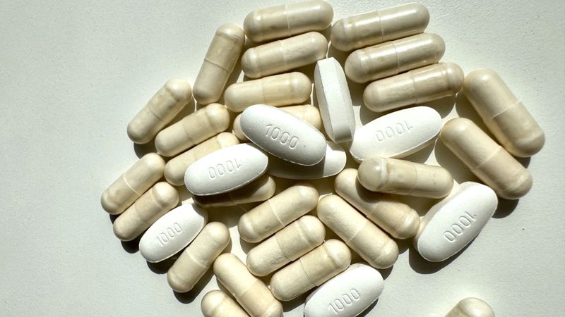 CloseUp Of Beige Probiotic Capsules Arranged In Circle, Natural Gut Health Concept With Microbiome Focus, Soft Lighting, Textured Capsule Surfaces, Lifestyle Wellness
