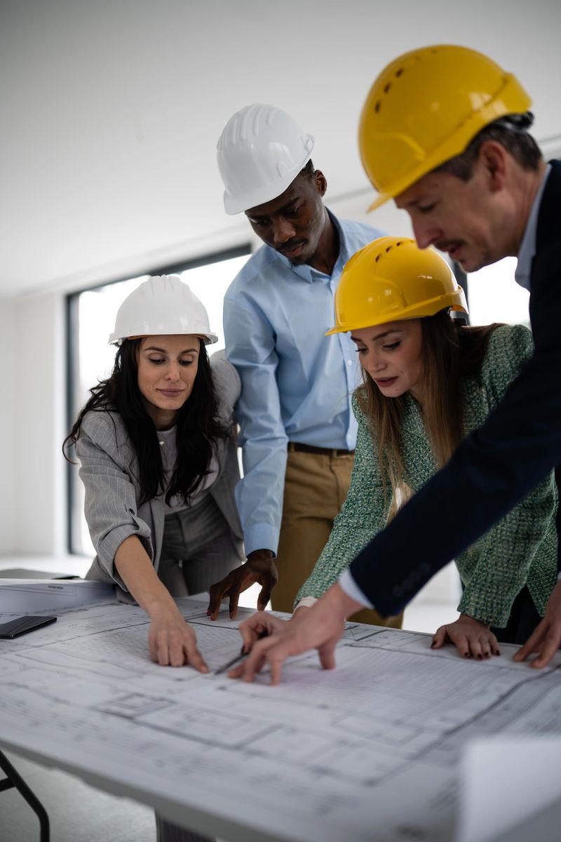 Construction team collaborating on building plans, discussing architectural project details and engineering designs at a construction site