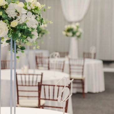 Elegant floral centerpiece at a banquet.