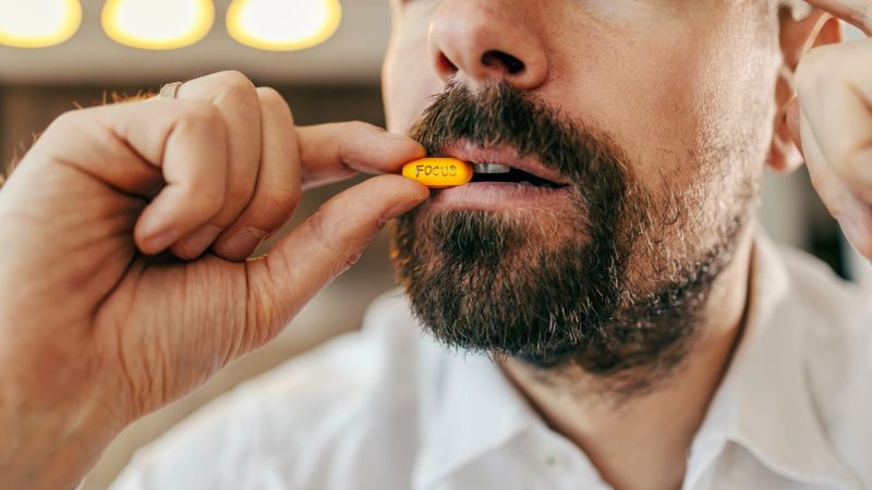 Man holding an orange capsule labeled focus at his lips, symbolizing concentration, cognitive enhancement, and improved productivity for work or study