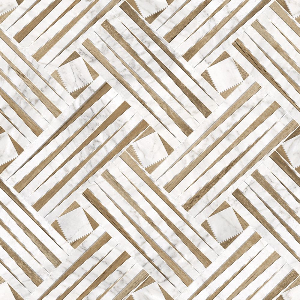Elegant marble and wood geometric tile pattern.