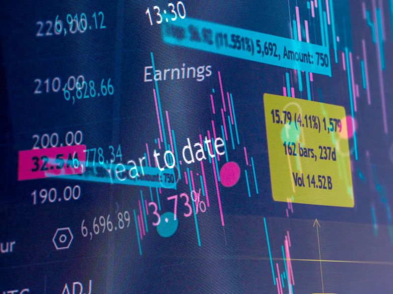 Financial data. Several overlapping layers with stock market data and charts