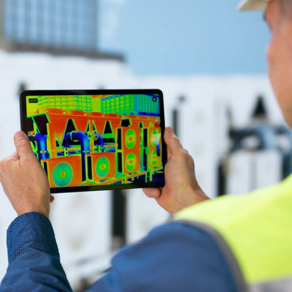 Technician using thermal imaging on HVAC units.