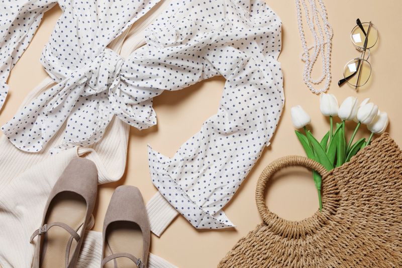 Elegant women's outfit. Stylish clothes and accessories on beige background, flat lay
