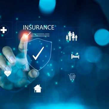 Hand interacting with digital insurance interface icons.