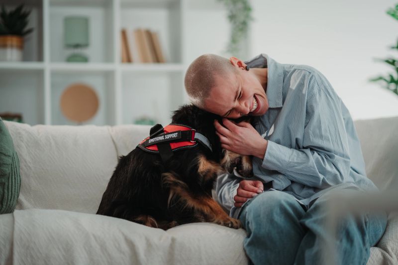 Young adult embracing emotional support animal at home, finding comfort and connection during personal challenges