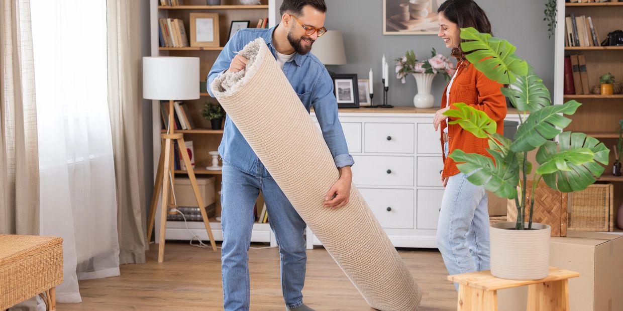 Couple unrolling a beige carpet in their cozy living room.