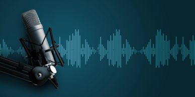 Microphone with sound wave graphic.
