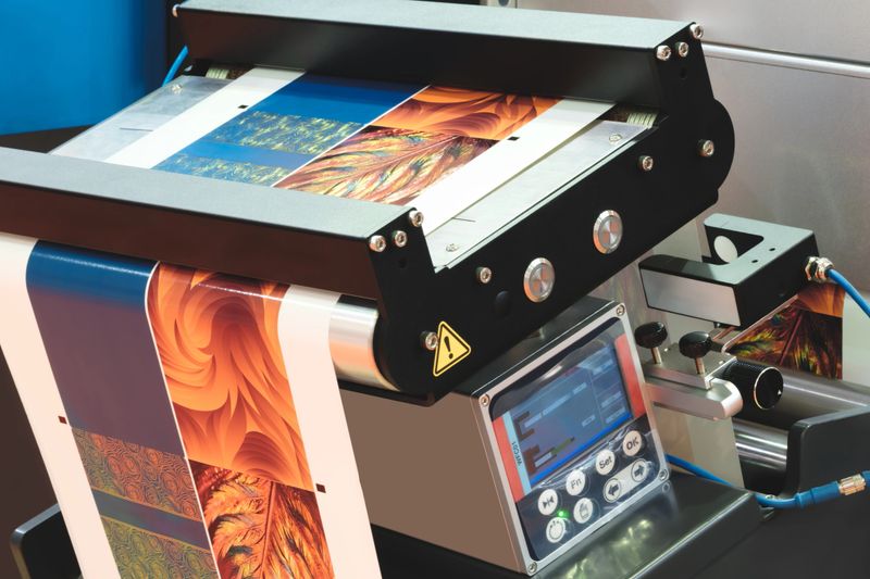 A machine is printing a piece of paper with a design on it. The machine has a green button and a red button