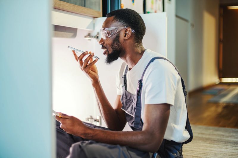 African american handyman in overalls and safety goggles talks on a smartphone while working under a modern kitchen sink, performing plumbing repairs and diagnostics
