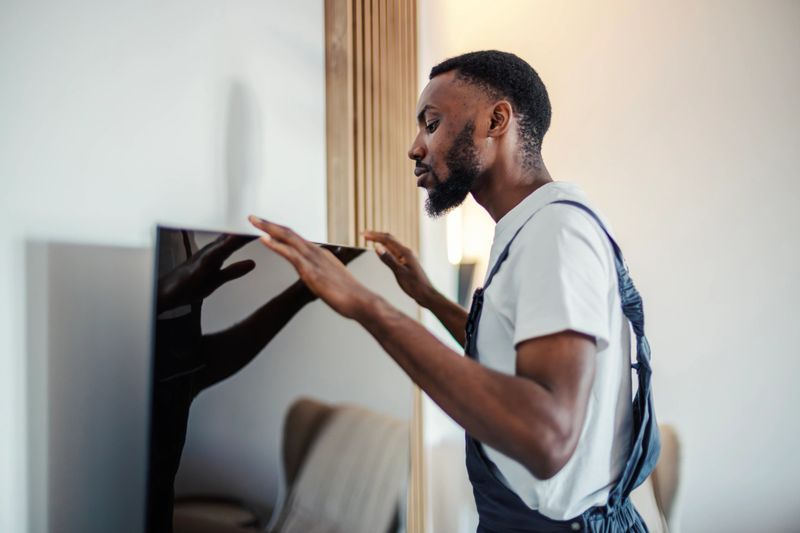 Technician carefully installing a new flat screen television onto a wall mount in a modern home, providing professional repair and maintenance service