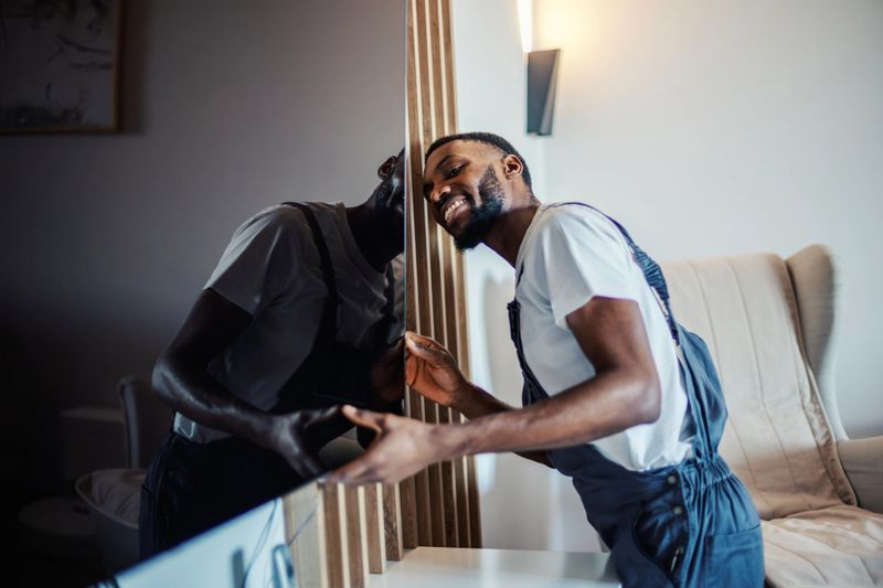 Smiling technician installing a new modern smart television on a wall mount, providing professional home electronic service for a happy client in a bright living room