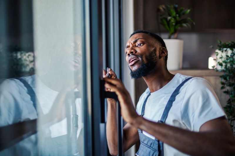 Young african-american handyman concentrating on repairing and adjusting a sliding glass door frame in a modern home, demonstrating precision and professional maintenance skills