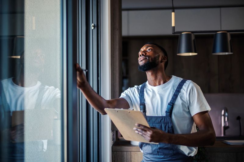 African american technician in overalls inspects a modern window frame with clipboard and pen, documenting repairs and ensuring residential maintenance, safety and energy efficiency