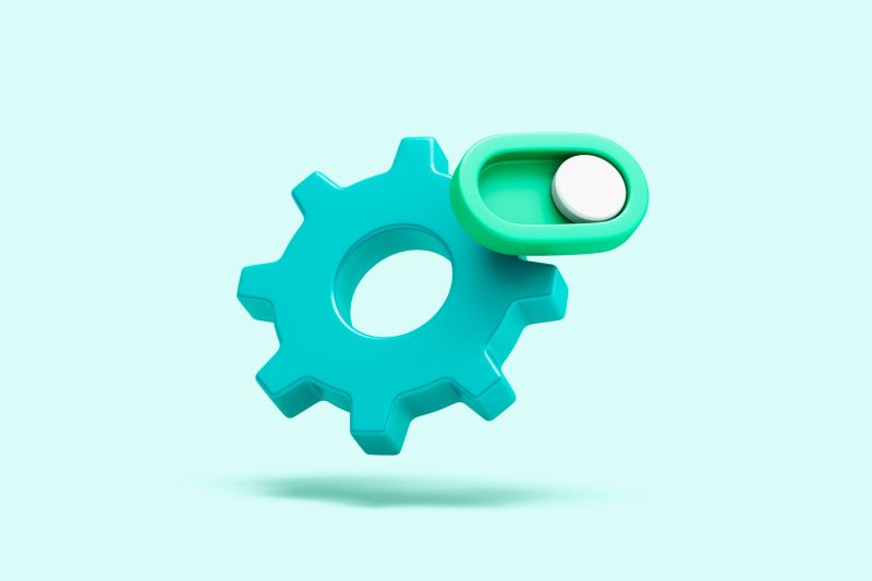 Blue gear with green toggle switch representing system settings and feature control. 3D illustration.