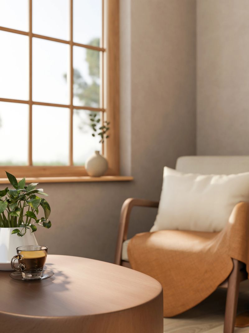 Coffee in glass cup and potted plants on round wooden table and armchair aside window in a living room. Interior Mockup, 3D Rendering, 3D illustration.