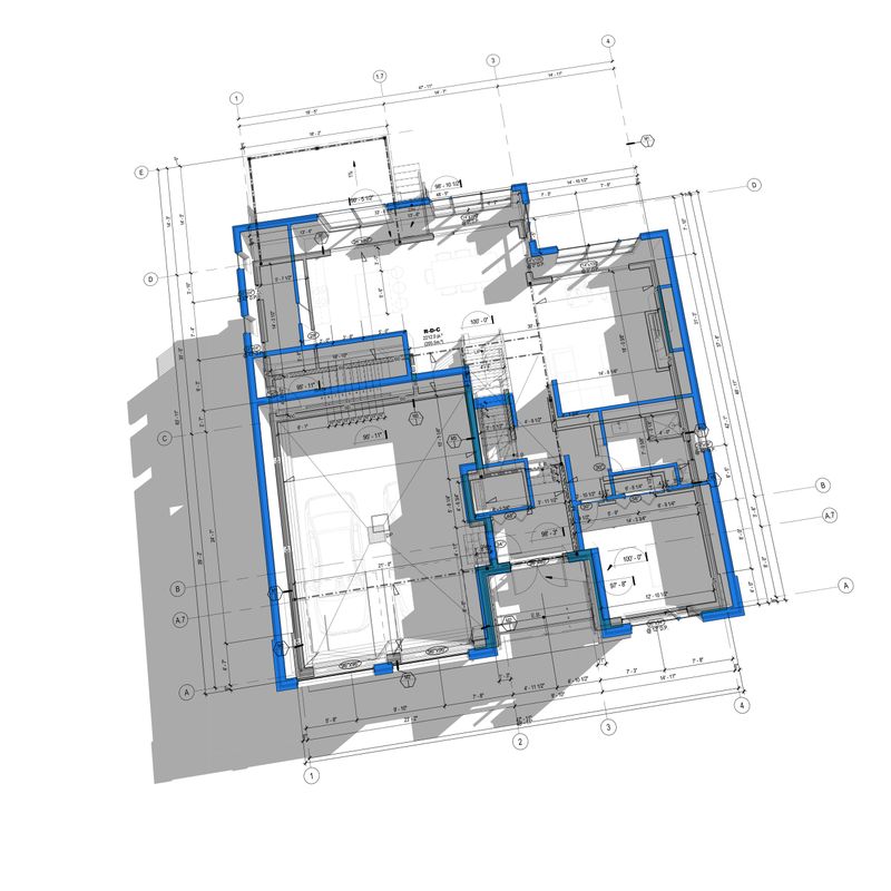 Architectural floor plan of a modern residential house with technical drawings and layout details, shown from a top view. Concept image representing home design, planning, construction, renovation, and real estate development.( I am the author of the plans)