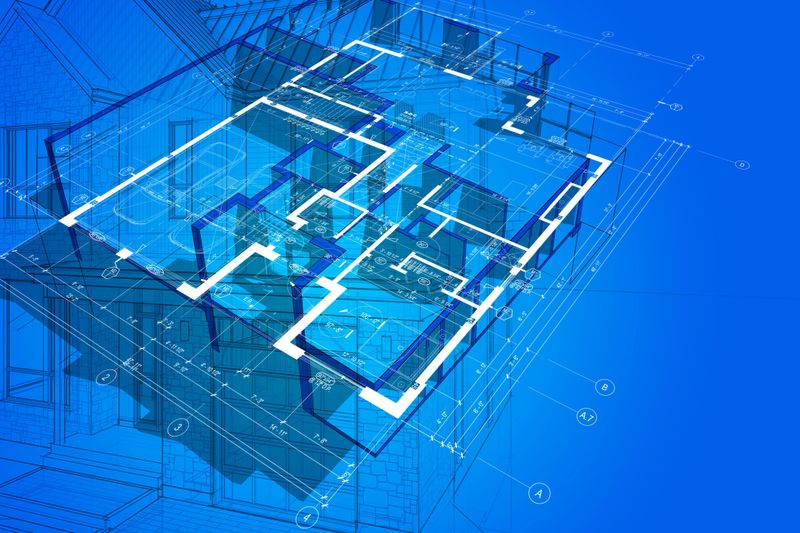 Abstract digital architectural blueprint showing a 3D floor plan layout over technical construction drawings. Concept image representing modern architecture, building design, BIM technology, engineering, and digital planning processes.( I am the author of the plans)