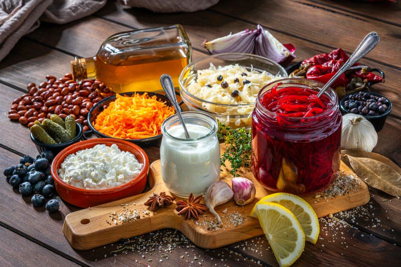 Fermented foods to boost the intake of probiotics. Ingredients that improove digestion and support a healthy digestive system. Healthy eating and dieting