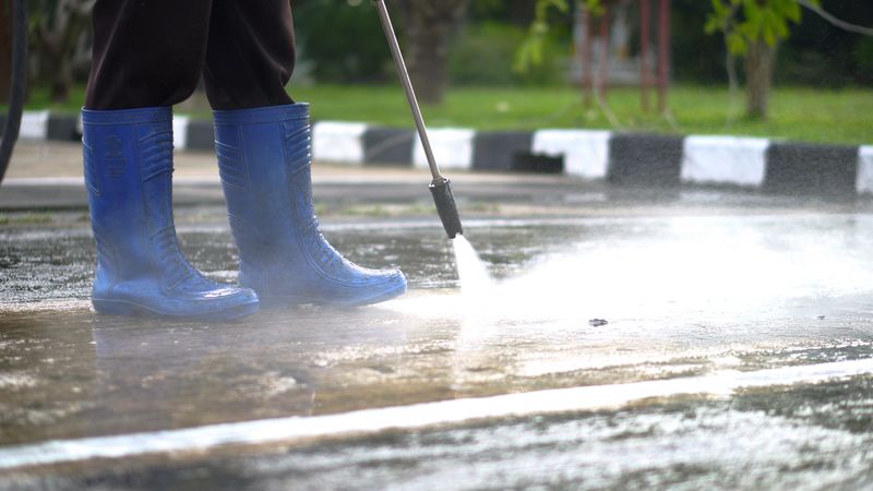 Power washing service maintaining the exterior pavement with a jet spray.