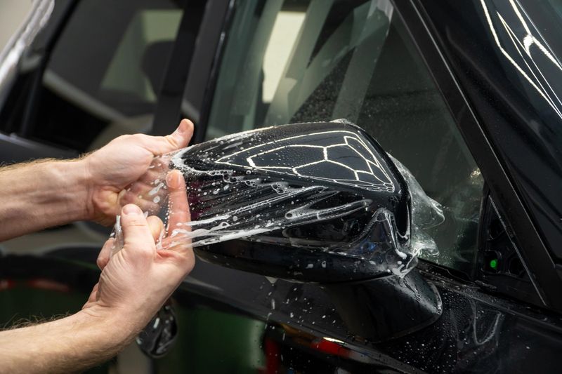 Car wrapping, detailing, tuning and styling. Detailer smoothes PPF. A car wrapping specialist applies a polyurethane film to the car. Selective focus. PPF protective film against chips and scratches.