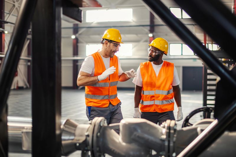 Two diverse adult male factory workers wearing safety vests, hard hats, and gloves, engaging in a focused conversation about machinery within a large industrial warehouse