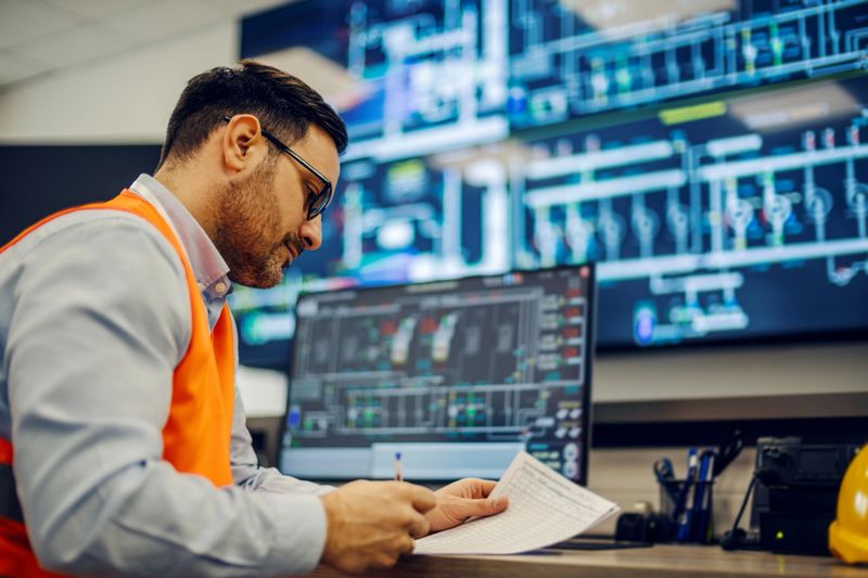 Engineer wearing a safety vest and glasses observing data on computers, analyzing documents in a control room for efficient industrial automation and operational management