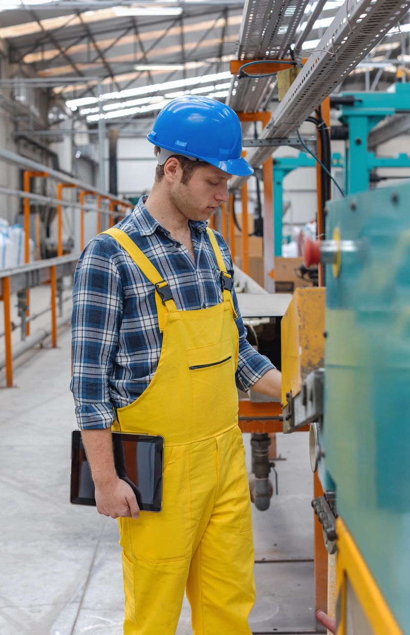 Confident male factory worker wearing safety helmet and yellow overalls holding a digital tablet while inspecting an automated production line inside a modern industrial facility as part of Industry 4.0 workflow with engineers and workers collaborating in the background